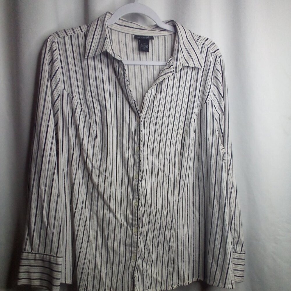Lane Bryant Blouse 20 Women Button Up Long Sleeve Stripe White Silver Black